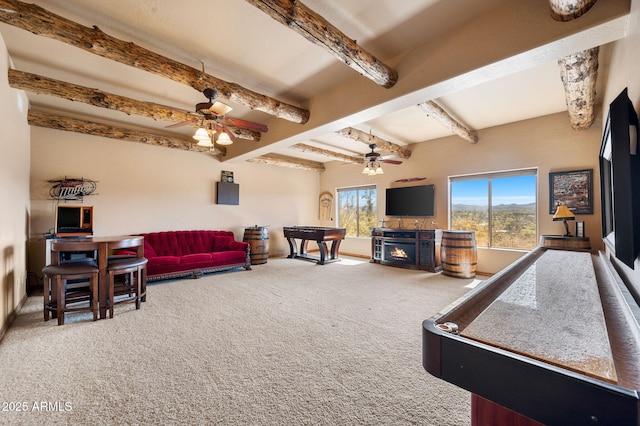 2259 Whitetail Ln, Prescott, AZ 86301 - living room featuring beam ceiling, carpet, and ceiling fan