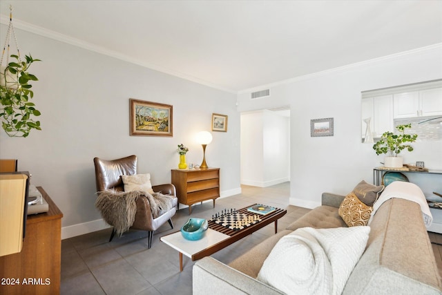 tiled living room with ornamental molding