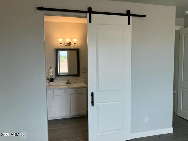 bathroom with hardwood / wood-style flooring and vanity