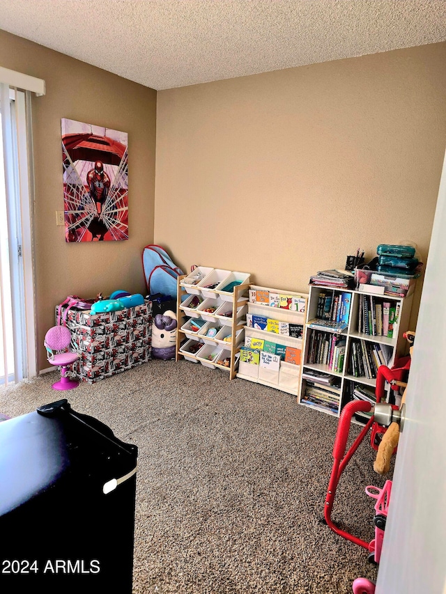 playroom featuring carpet floors and a textured ceiling