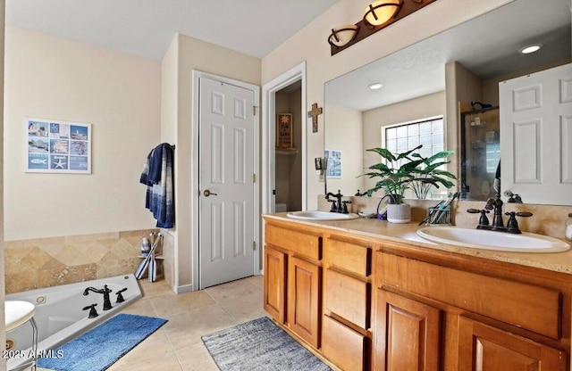 106 N Lariat Way, Payson, AZ 85541 - bathroom featuring a tub with jets, a sink, tile patterned floors, and a tile shower