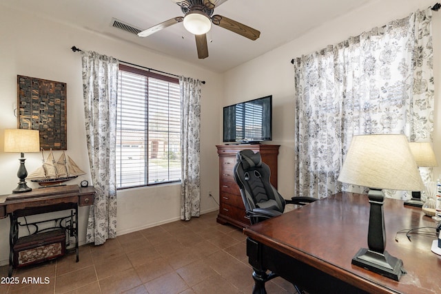 office with tile patterned floors, visible vents, baseboards, and a ceiling fan