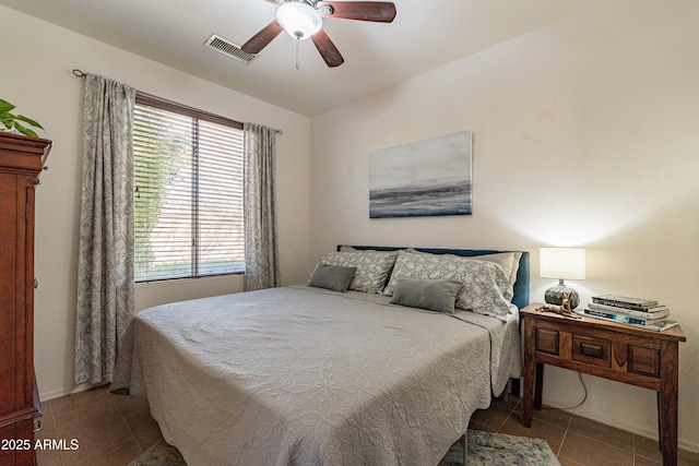 bedroom with tile patterned floors, visible vents, and a ceiling fan