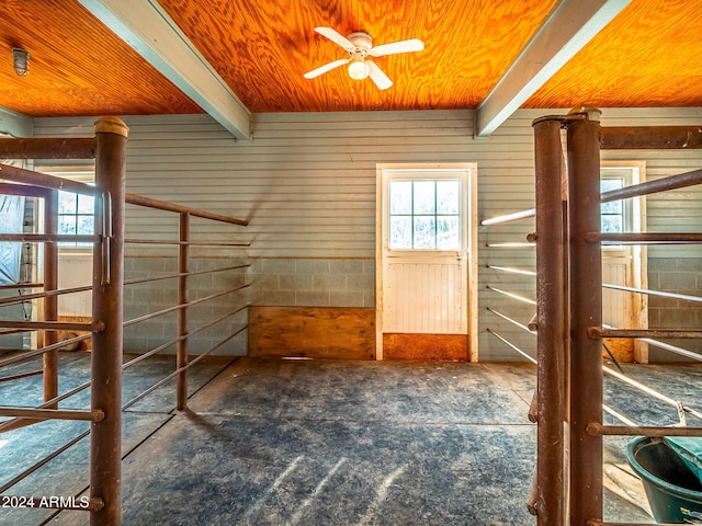 interior space with beam ceiling, wooden walls, wood ceiling, and ceiling fan