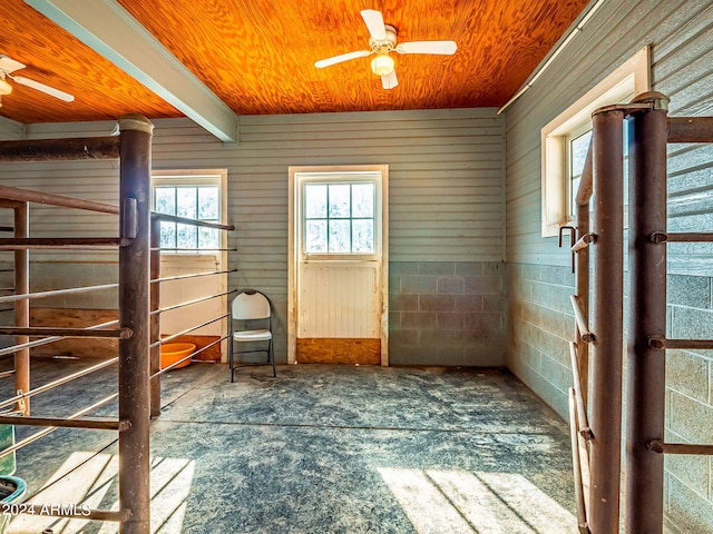 interior space featuring wood ceiling, beam ceiling, and ceiling fan