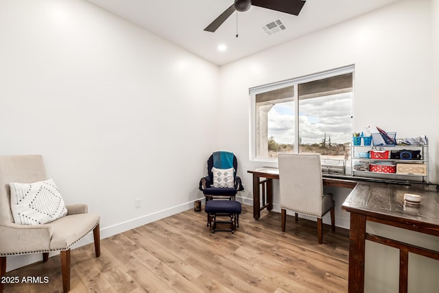 office area with visible vents, ceiling fan, baseboards, recessed lighting, and light wood-style floors