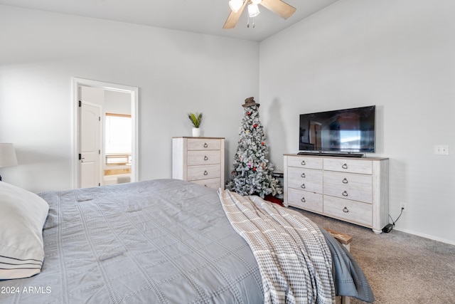 bedroom featuring ceiling fan and light colored carpet