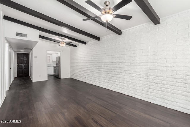 3046 N 32nd St Unit 328, Phoenix, AZ 85018 - unfurnished living room with visible vents, beam ceiling, dark wood-style floors, brick wall, and ceiling fan