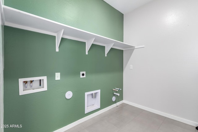 1523 S 223rd Dr, Buckeye, AZ 85326 - washroom featuring gas dryer hookup, hookup for an electric dryer, washer hookup, baseboards, and tile patterned flooring