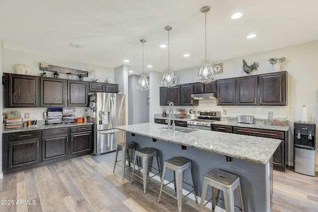 kitchen with appliances with stainless steel finishes, sink, a center island with sink, and pendant lighting