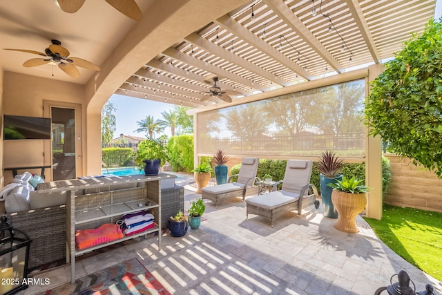 35756 N Clementine Trl, San Tan Valley, AZ 85140 - view of patio / terrace featuring a pergola, outdoor lounge area, a ceiling fan, and fence