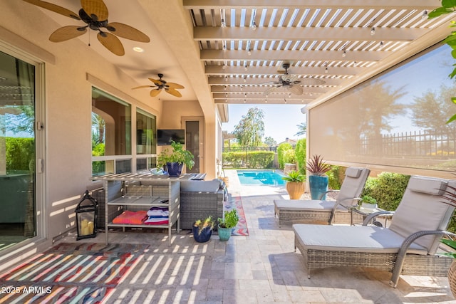 35756 N Clementine Trl, San Tan Valley, AZ 85140 - view of patio featuring a ceiling fan, fence, a pergola, an outdoor hangout area, and an outdoor pool