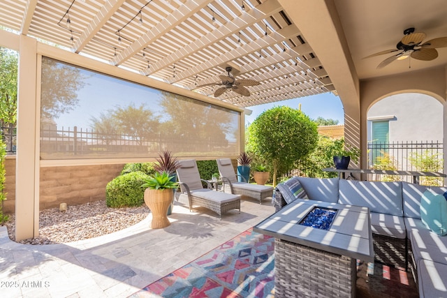 35756 N Clementine Trl, San Tan Valley, AZ 85140 - view of patio featuring a pergola, fence, an outdoor living space with a fire pit, and ceiling fan