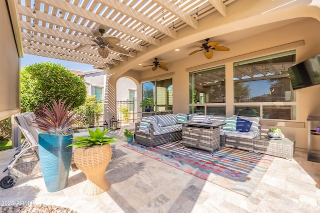 35756 N Clementine Trl, San Tan Valley, AZ 85140 - view of patio featuring a pergola, fence, ceiling fan, and an outdoor hangout area