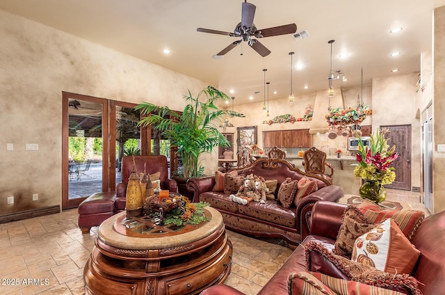 living room with ceiling fan