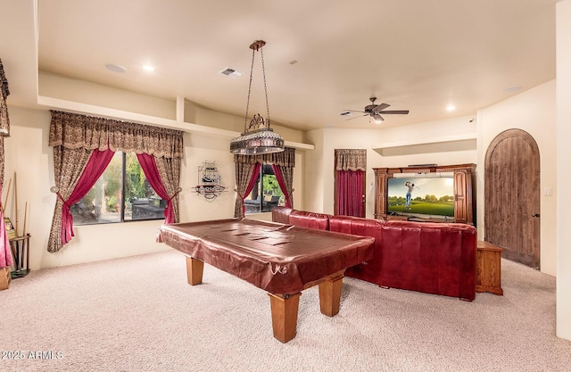 recreation room featuring billiards, ceiling fan, and light colored carpet