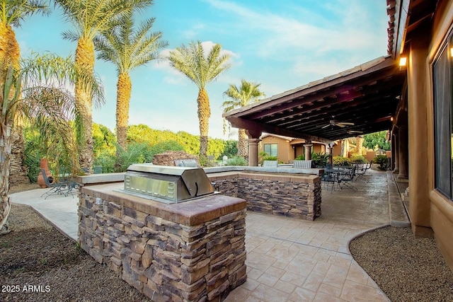 view of patio / terrace featuring an outdoor bar, an outdoor kitchen, and grilling area