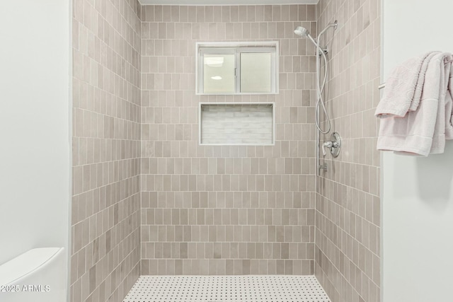 bathroom with tiled shower and toilet