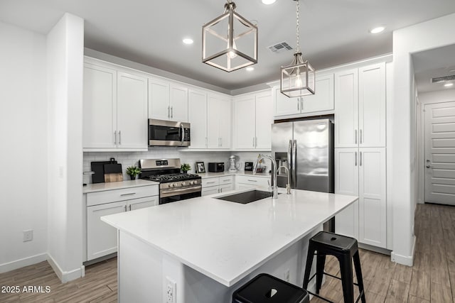 4077 S Sabrina Dr Unit 14, Chandler, AZ 85248 - kitchen with light wood-style floors, tasteful backsplash, visible vents, appliances with stainless steel finishes, and a sink