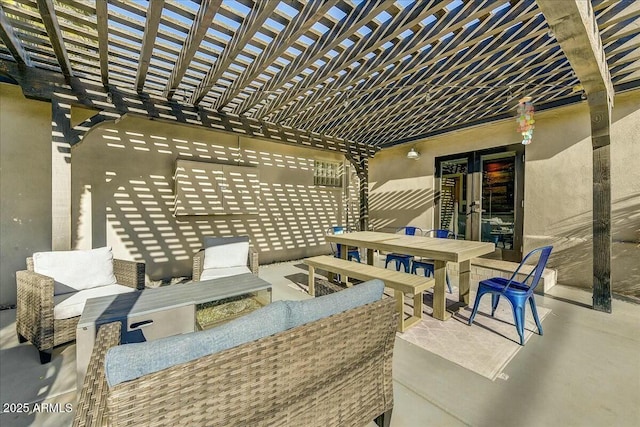 view of patio / terrace featuring an outdoor hangout area, a pergola, and outdoor dining space