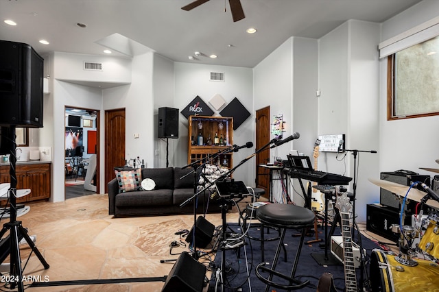 workout area featuring ceiling fan