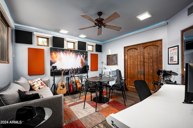 office area featuring wood-type flooring and ceiling fan