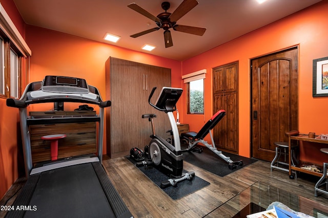 workout area with ceiling fan and hardwood / wood-style flooring