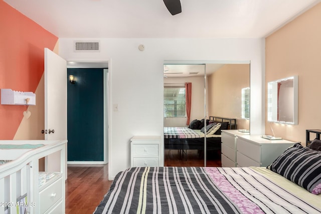 bedroom with ceiling fan, a closet, and dark wood-type flooring