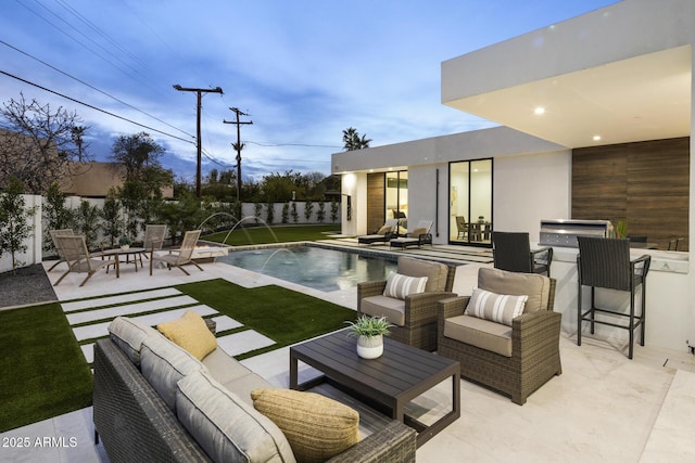 outdoor pool featuring an outdoor living space, fence private yard, outdoor dry bar, and a patio