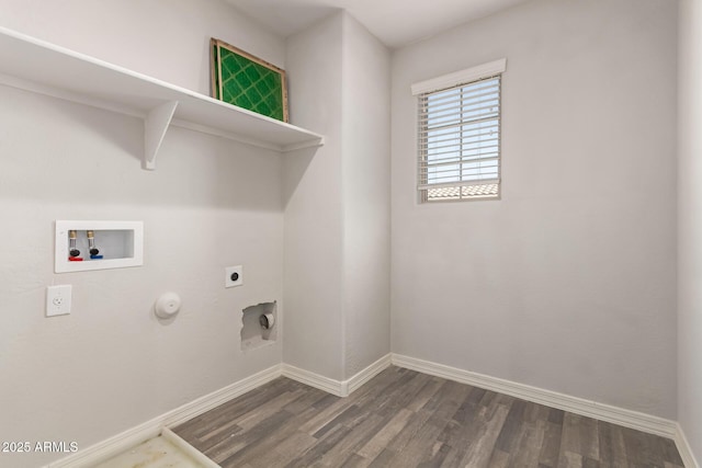 laundry room with electric dryer hookup, hookup for a washing machine, dark hardwood / wood-style flooring, and gas dryer hookup