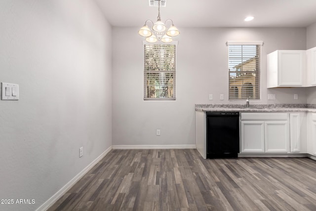 bar with white cabinetry, hanging light fixtures, dark hardwood / wood-style flooring, and dishwasher