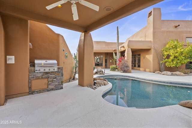 outdoor pool with a patio, an outdoor kitchen, a grill, and a ceiling fan