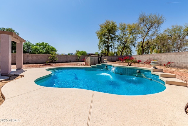 view of pool featuring a fenced backyard, a fenced in pool, and a patio area