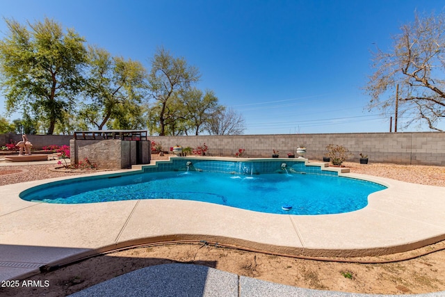 view of pool featuring a patio, a fenced backyard, and a fenced in pool