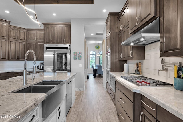 kitchen with light hardwood / wood-style flooring, dark brown cabinetry, and appliances with stainless steel finishes