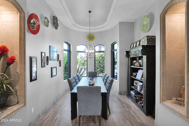 dining area with an inviting chandelier, hardwood / wood-style floors, and a tray ceiling