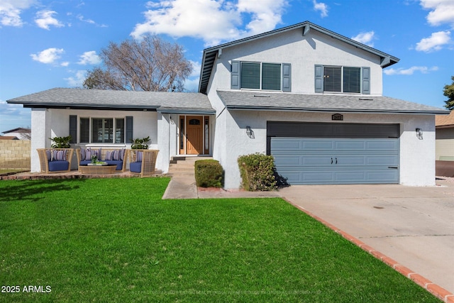 view of front facade featuring a front yard and a garage