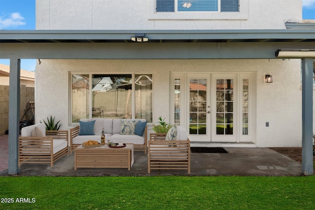 exterior space featuring a patio, an outdoor hangout area, and french doors