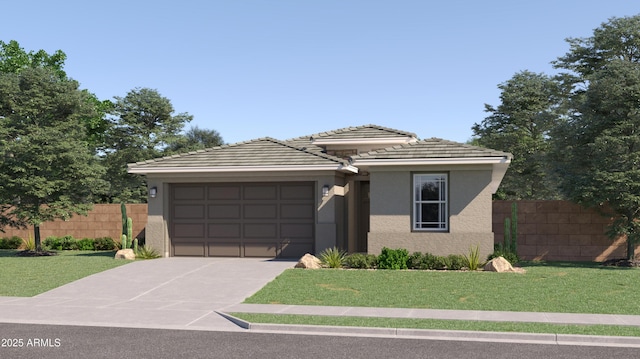 view of front facade with a tile roof, stucco siding, driveway, and fence