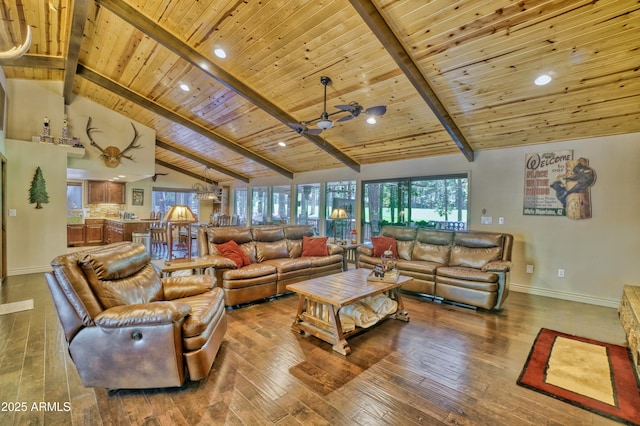 living room featuring wood ceiling, high vaulted ceiling, beamed ceiling, baseboards, and hardwood / wood-style flooring