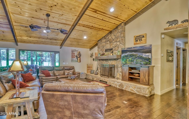 living room featuring high vaulted ceiling, wooden ceiling, a fireplace, wood finished floors, and a ceiling fan