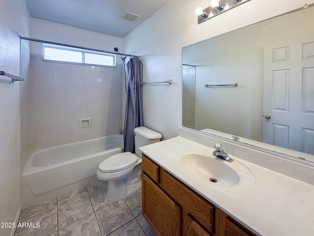 full bathroom featuring shower / tub combo, visible vents, toilet, tile patterned flooring, and vanity