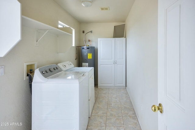 laundry room with laundry area, light tile patterned floors, visible vents, electric water heater, and washer and dryer