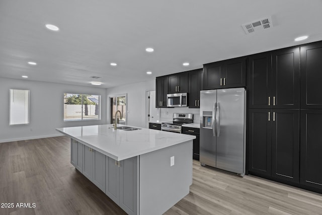 kitchen featuring stainless steel appliances, light hardwood / wood-style floors, an island with sink, and sink