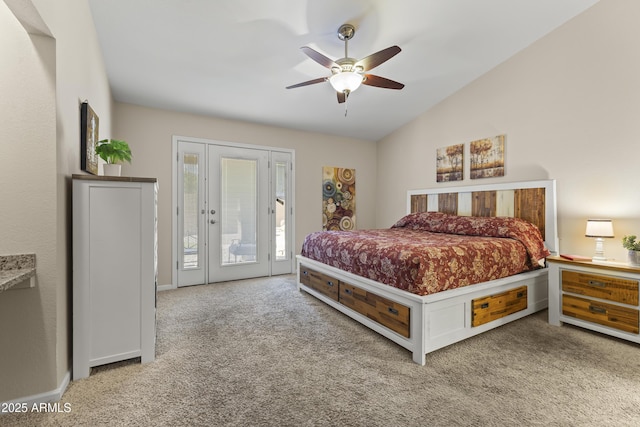 bedroom with access to exterior, carpet floors, vaulted ceiling, ceiling fan, and baseboards