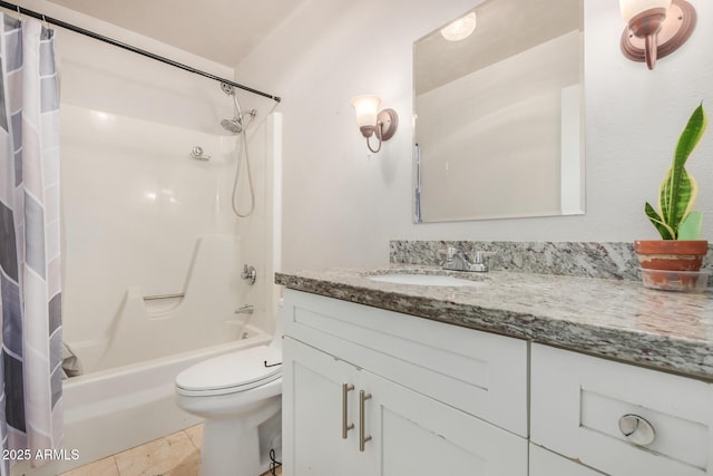 full bathroom with toilet, tile patterned floors, vanity, and shower / tub combo with curtain