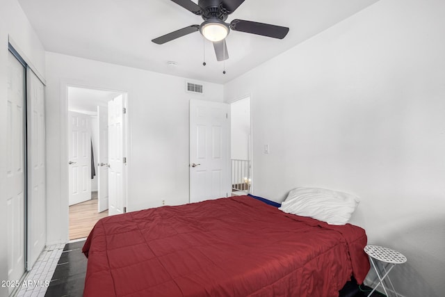 bedroom with ceiling fan and a closet