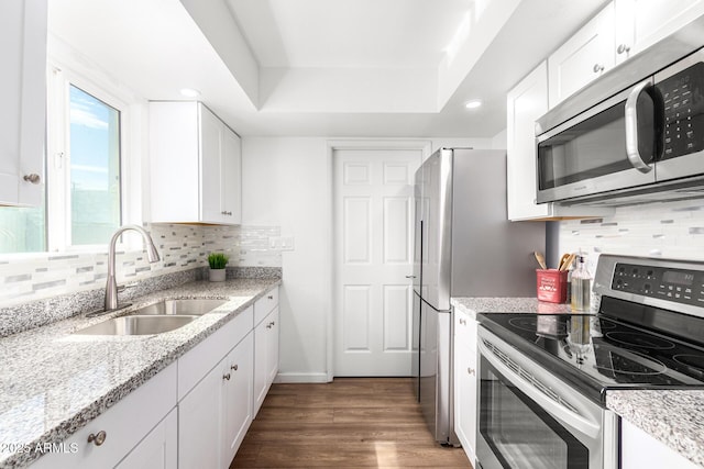 kitchen featuring sink, light stone counters, appliances with stainless steel finishes, dark hardwood / wood-style flooring, and white cabinets