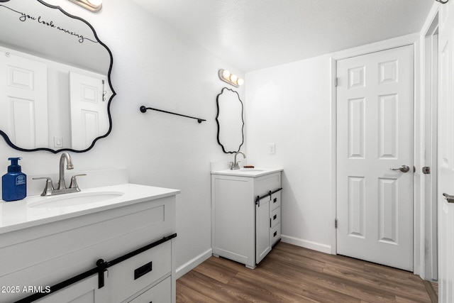 bathroom with vanity and hardwood / wood-style floors