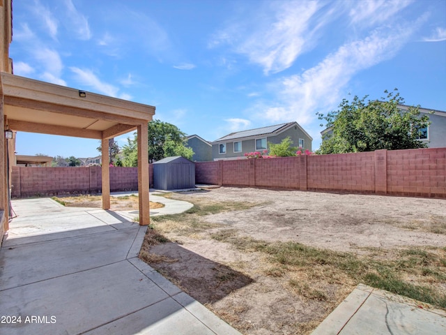 view of yard featuring a patio area and a storage unit